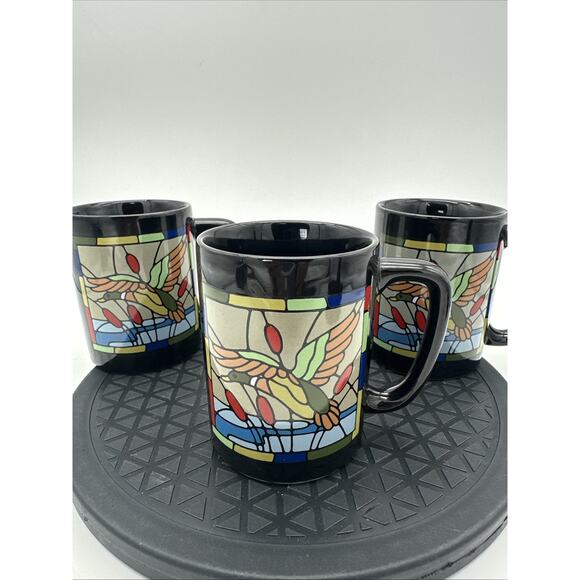 Set Of 3 Otagiri Coffee Tea Black Floral Stained Glass Duck Mug Cup Vtg - Picture 1 of 5